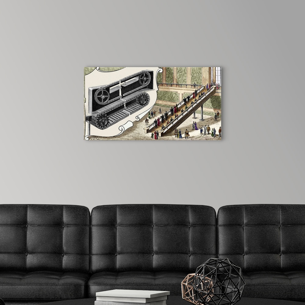A modern room featuring Early escalator. Historical artwork of the design of a proposed 19th-century escalator. This earl...