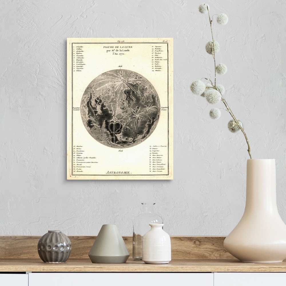A farmhouse room featuring Map of the Moon, by De La Lande, in 1772. This early French engraving of the Moon charts its geog...