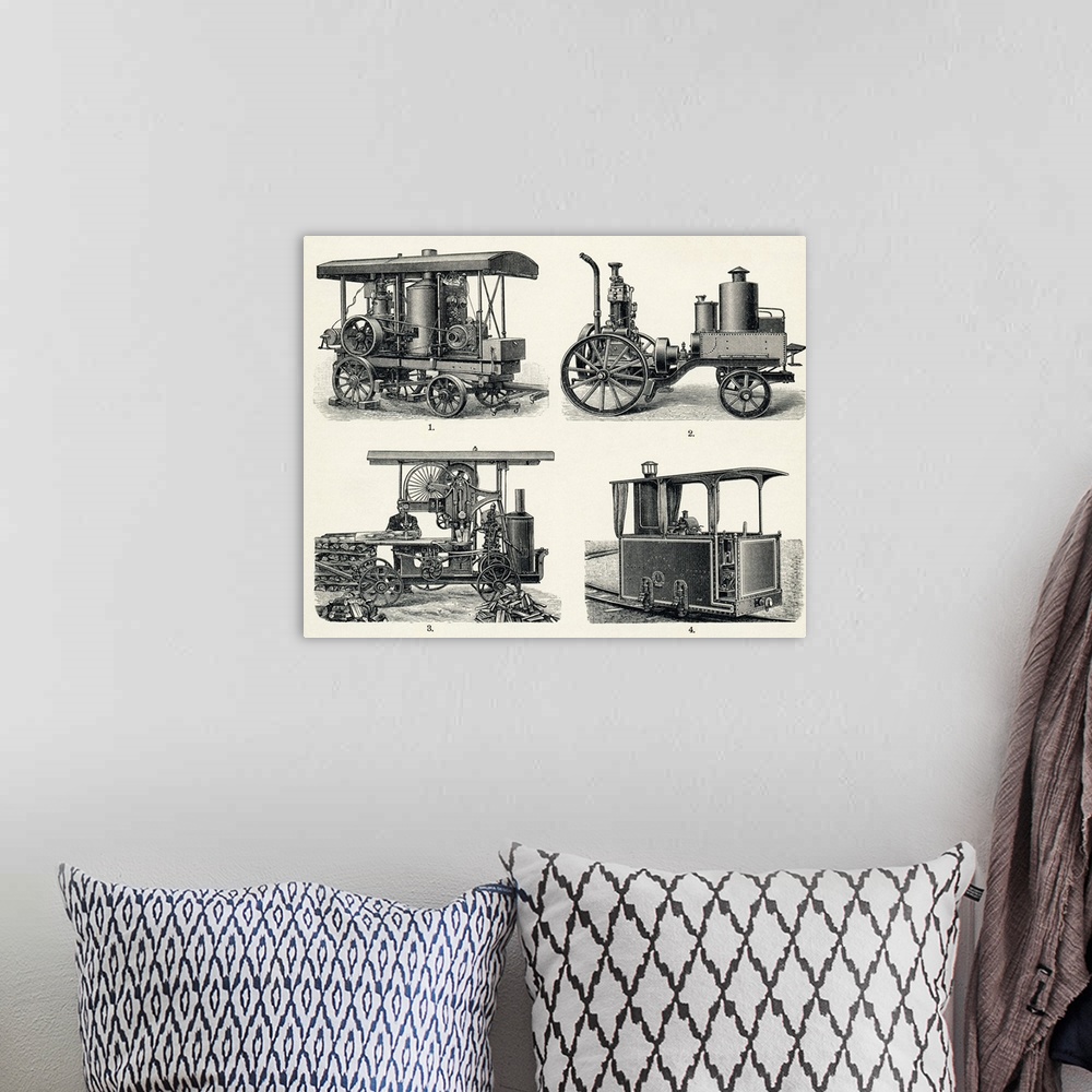 A bohemian room featuring Early petrol engine. Historical artwork of early designs for an electrical generator (top left) a...