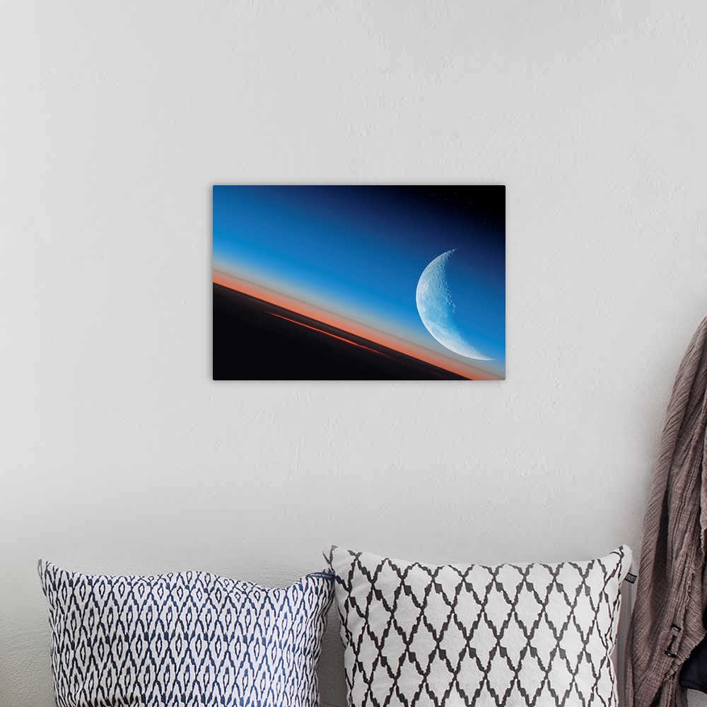 A bohemian room featuring Earth and Moon from orbit. Computer illustration looking across the Earth's outer atmosphere towa...