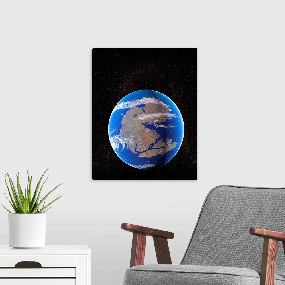 A modern room featuring Earth at time of Pangea. Computer artwork of the break-up of the supercontinent Pangea that forme...