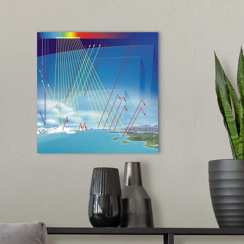 A modern room featuring Earth's atmosphere and solar radiation. Computer artwork of the effect of the Earth's atmosphere ...