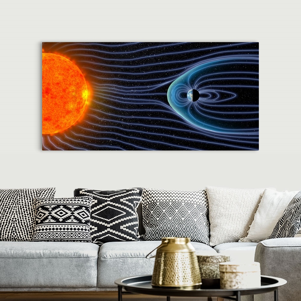 A bohemian room featuring Earth's magnetosphere. Computer artwork showing the interaction of the solar wind with Earth's ma...