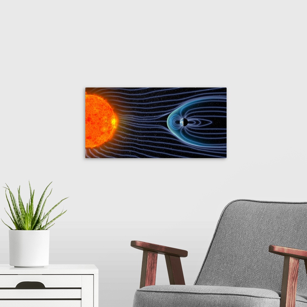 A modern room featuring Earth's magnetosphere. Computer artwork showing the interaction of the solar wind with Earth's ma...