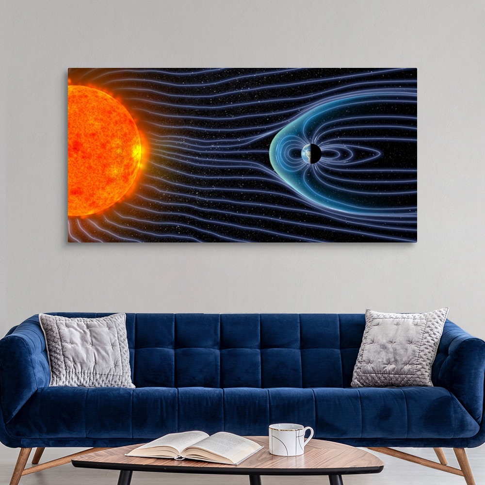 A modern room featuring Earth's magnetosphere. Computer artwork showing the interaction of the solar wind with Earth's ma...