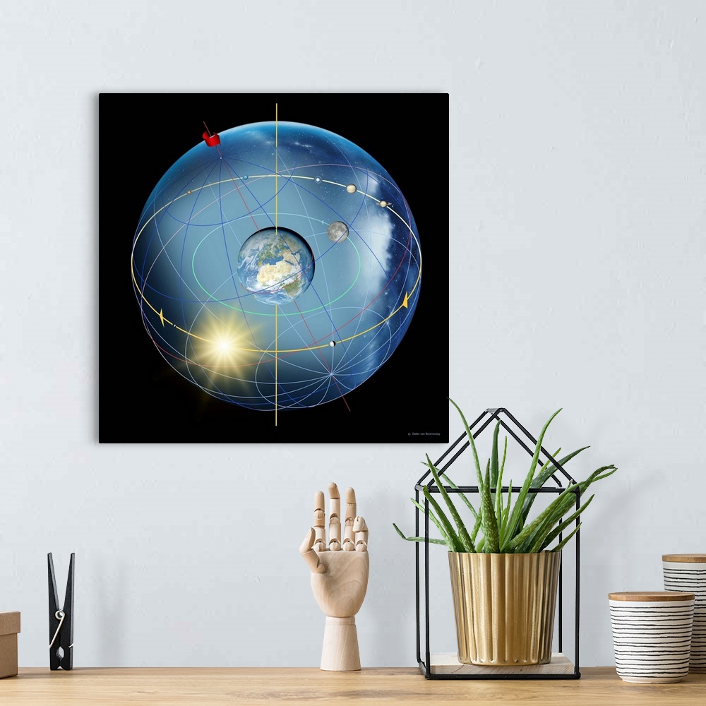 A bohemian room featuring Earth's rotation. Computer artwork of the Earth, showing its rotation and the apparent movement o...
