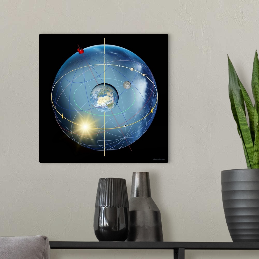 A modern room featuring Earth's rotation. Computer artwork of the Earth, showing its rotation and the apparent movement o...