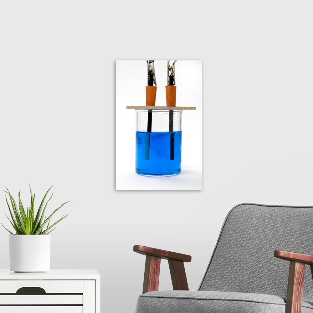 A modern room featuring Electrolysis of copper sulphate. Glass beaker of copper sulphate solution (blue) into which two c...