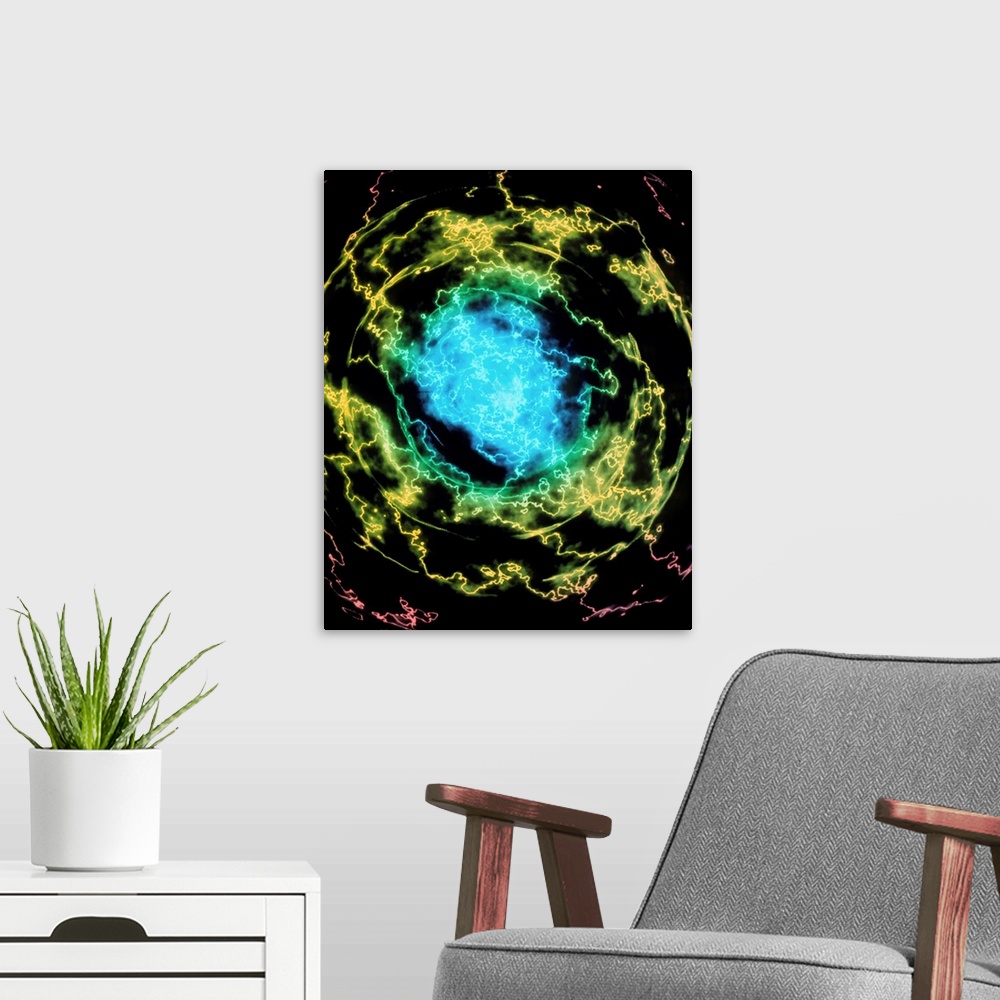A modern room featuring Electron density of a helium atom. This image represents the quantum cloud of electrons surroundi...