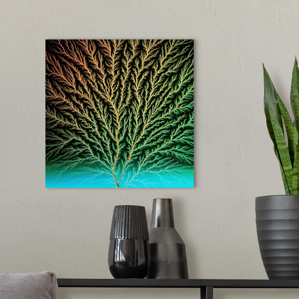 A modern room featuring Electron tree. View of an 'electron tree' produced in a block of plastic by a beam of electrons. ...
