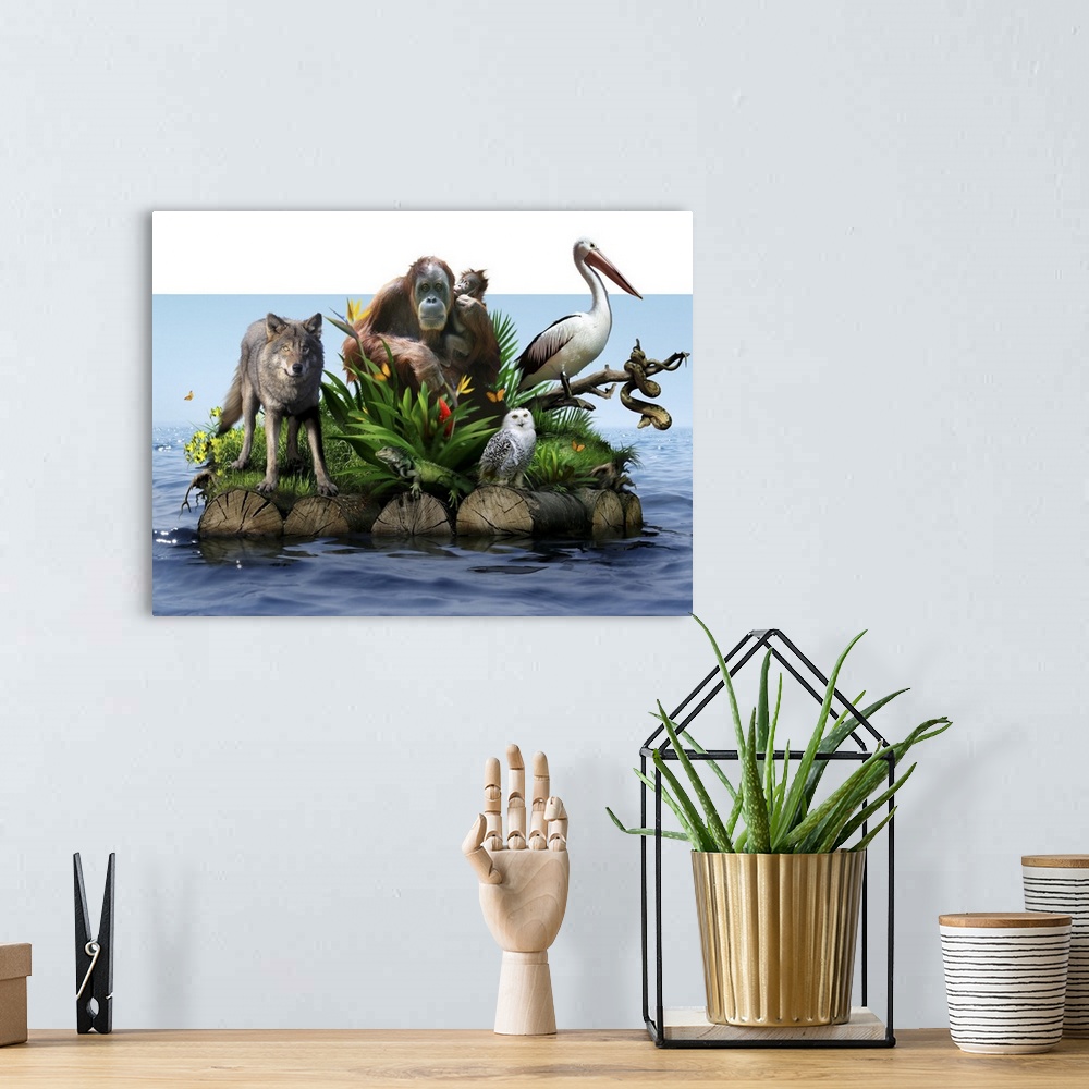 A bohemian room featuring Endangered animals. Conceptual image of various animals and plants, some of which are endangered,...