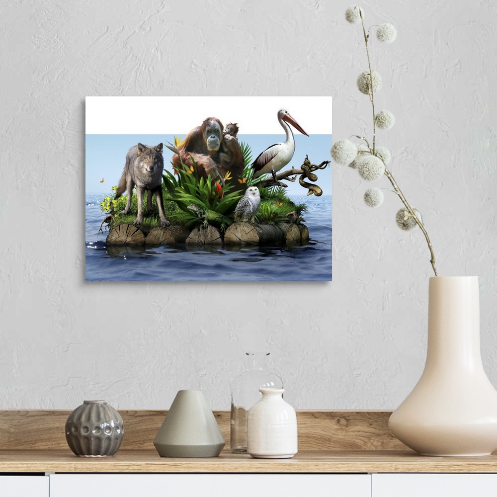 A farmhouse room featuring Endangered animals. Conceptual image of various animals and plants, some of which are endangered,...