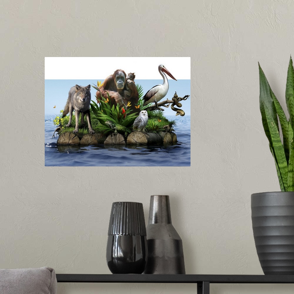 A modern room featuring Endangered animals. Conceptual image of various animals and plants, some of which are endangered,...