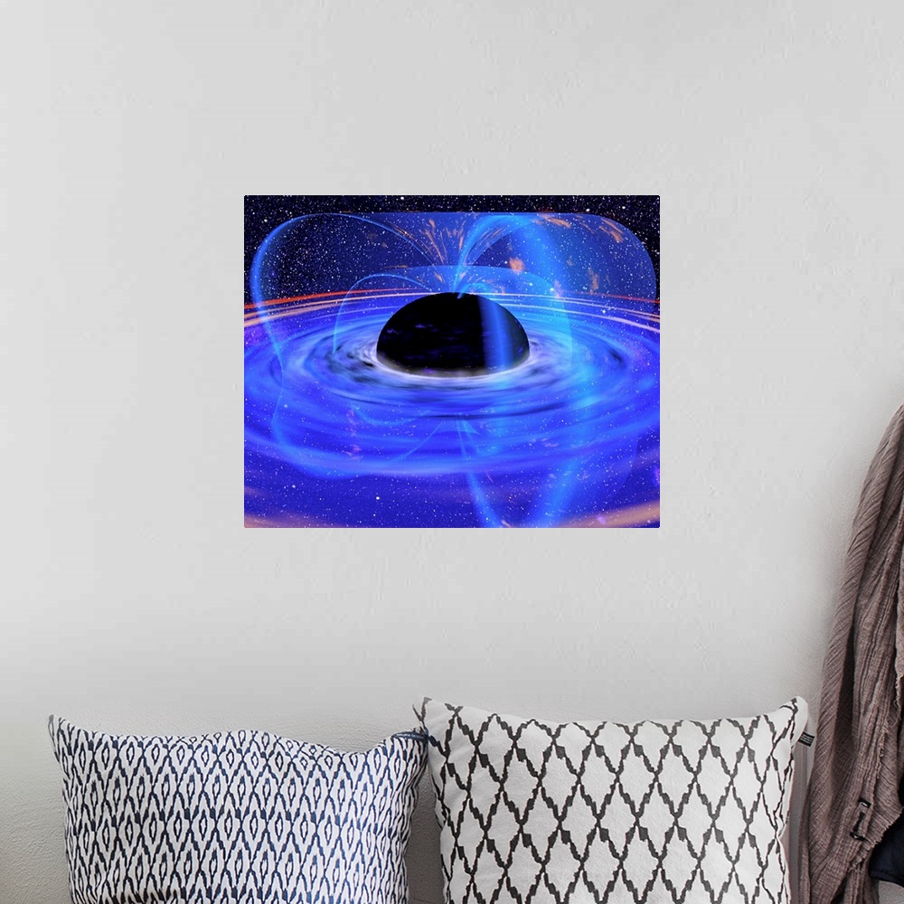 A bohemian room featuring Energy-releasing black hole. Computer artwork of the energy-releasing black hole in galaxy MCG -6...