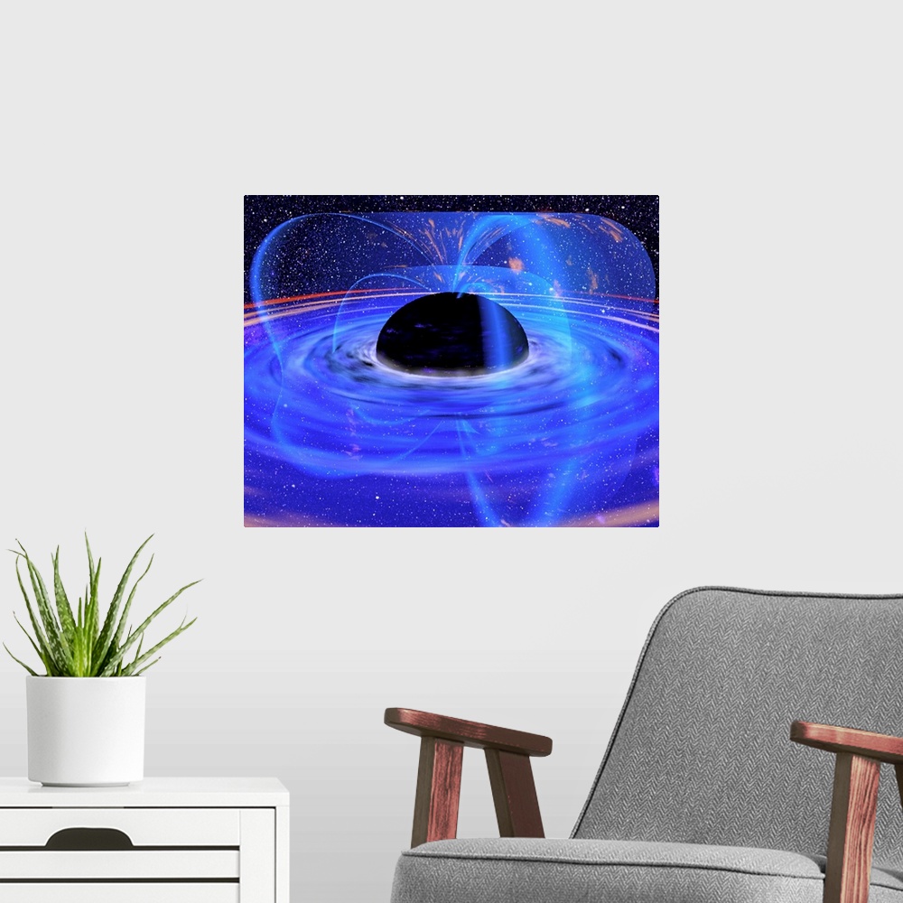 A modern room featuring Energy-releasing black hole. Computer artwork of the energy-releasing black hole in galaxy MCG -6...