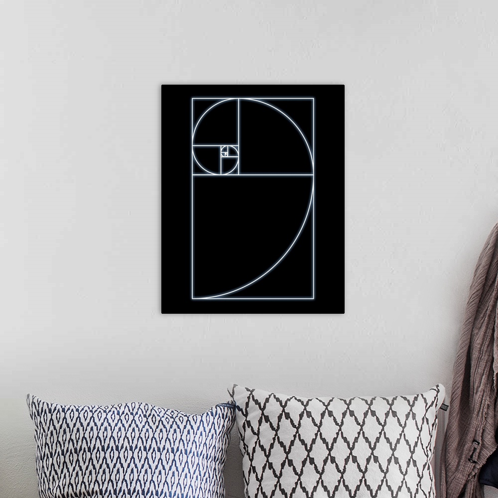 A bohemian room featuring Fibonacci spiral. Computer artwork of a spiral within squares whose sides decrease in length by a...