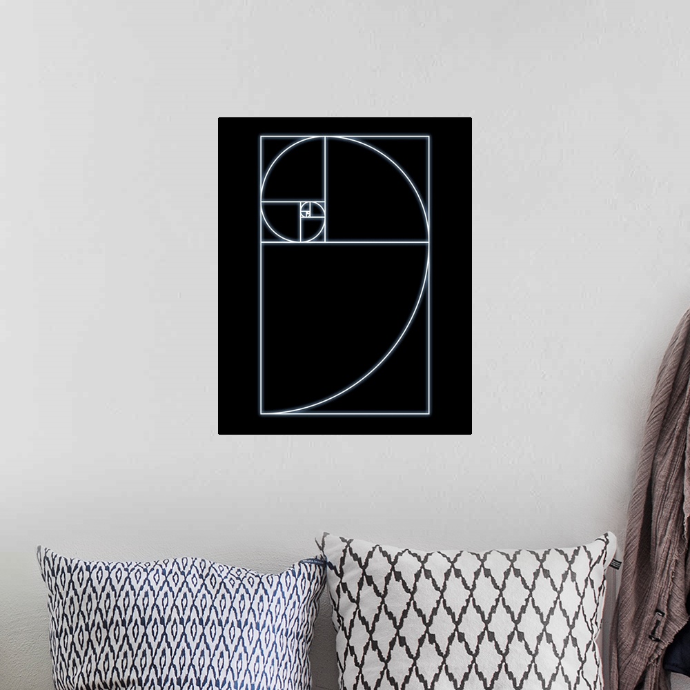 A bohemian room featuring Fibonacci spiral. Computer artwork of a spiral within squares whose sides decrease in length by a...