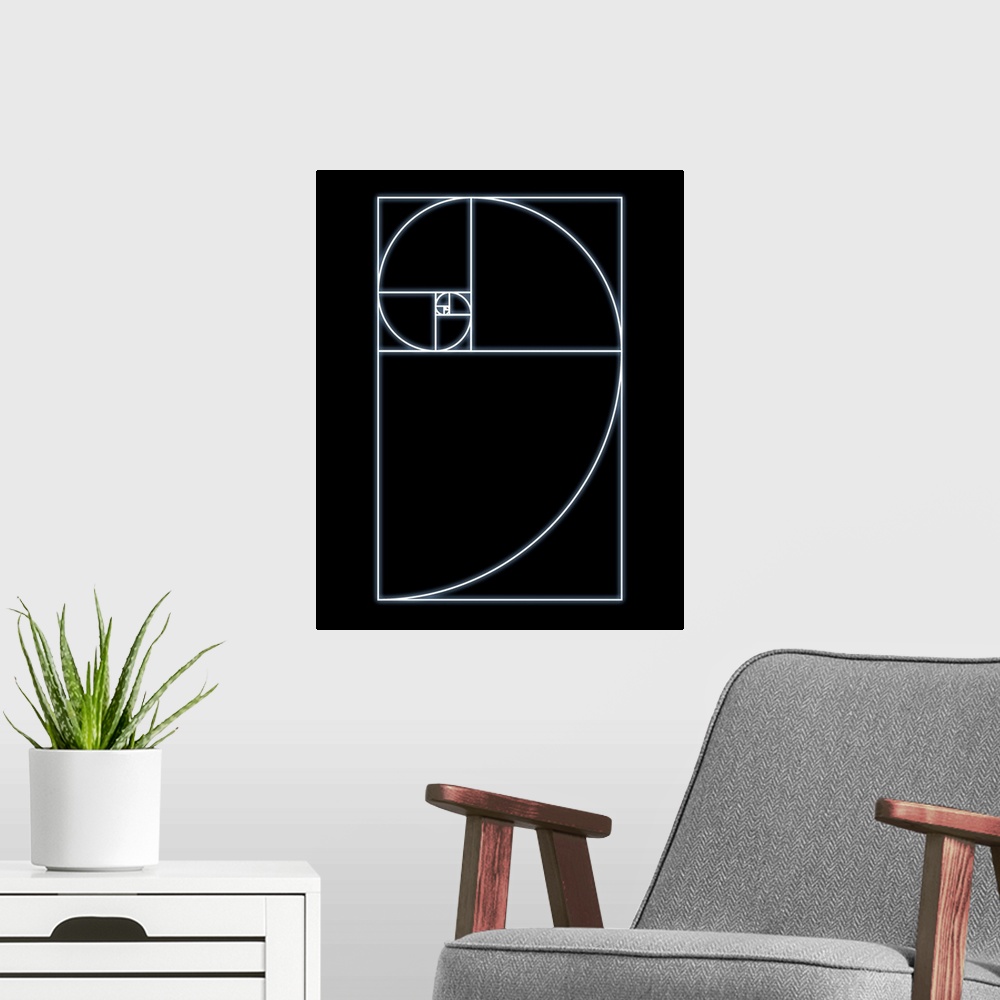 A modern room featuring Fibonacci spiral. Computer artwork of a spiral within squares whose sides decrease in length by a...