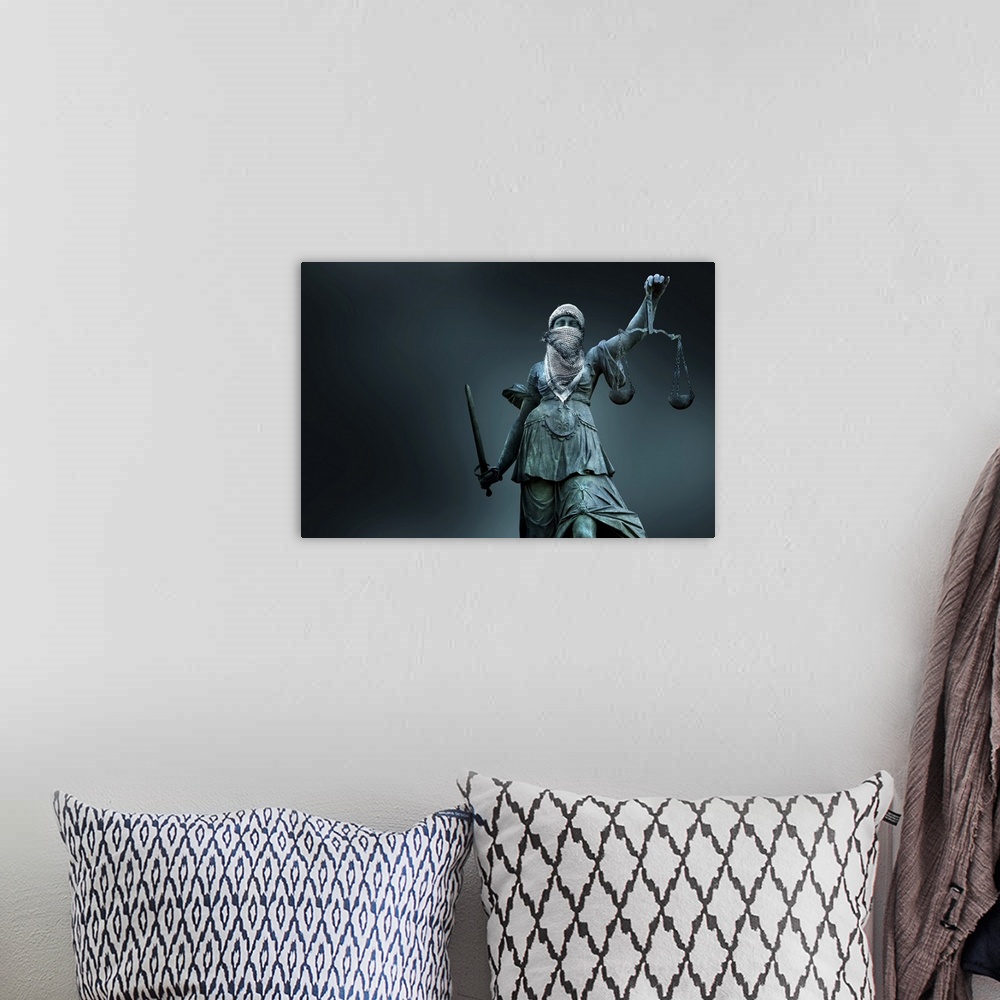 A bohemian room featuring Fighting for justice. Conceptual image of a statue of 'Lady Justice' wearing a traditional Arab h...