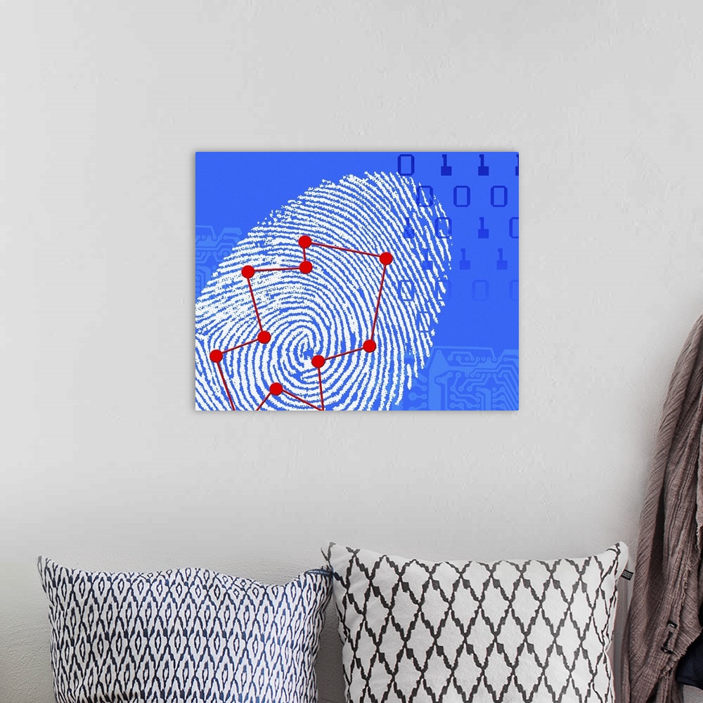 A bohemian room featuring Fingerprint scanning. Computer artwork of a fingerprint scan with markings (red dots) showing the...