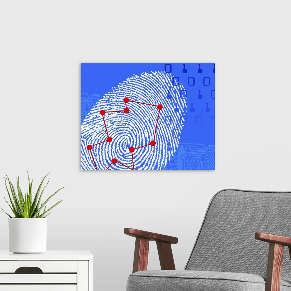 A modern room featuring Fingerprint scanning. Computer artwork of a fingerprint scan with markings (red dots) showing the...
