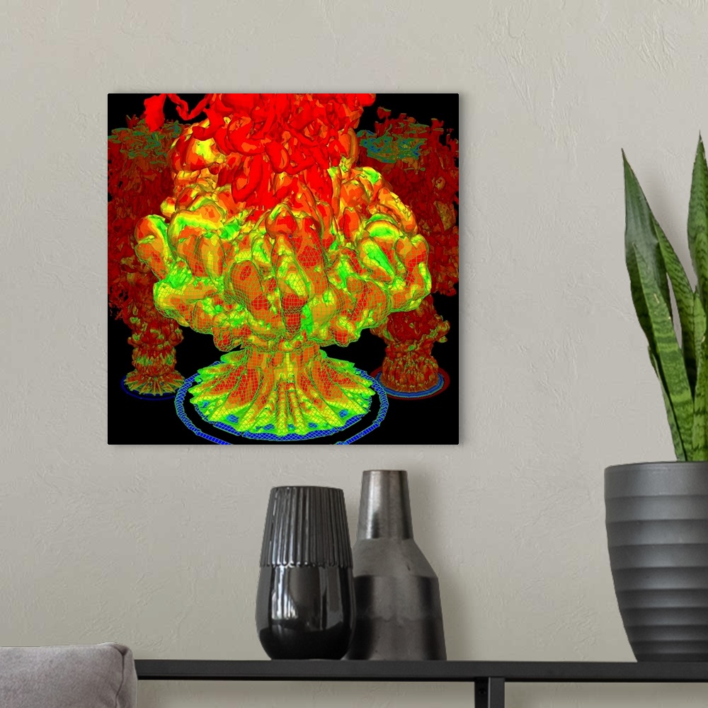 A modern room featuring Fire plumes. Computer simulation of large fire plumes. The simulation reveals turbulence and the ...