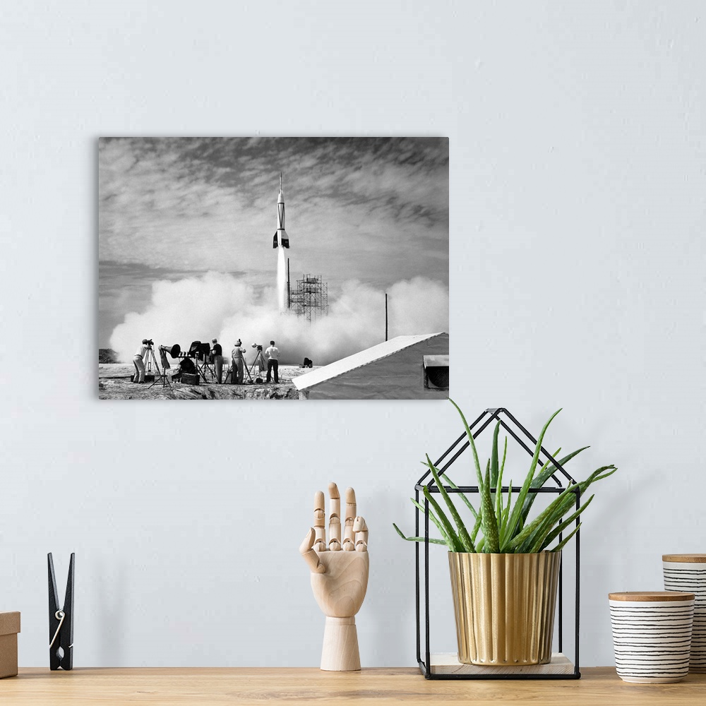A bohemian room featuring First Cape Canaveral rocket launch. Launch of the Bumper 8 rocket from Cape Canaveral, Florida, U...