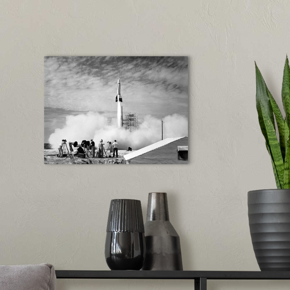 A modern room featuring First Cape Canaveral rocket launch. Launch of the Bumper 8 rocket from Cape Canaveral, Florida, U...