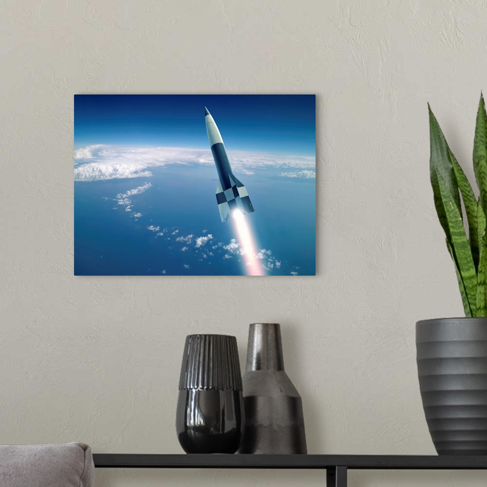 A modern room featuring First V-2 (A-4) rocket launch, artwork. Designed and built in Germany during World War II, this r...