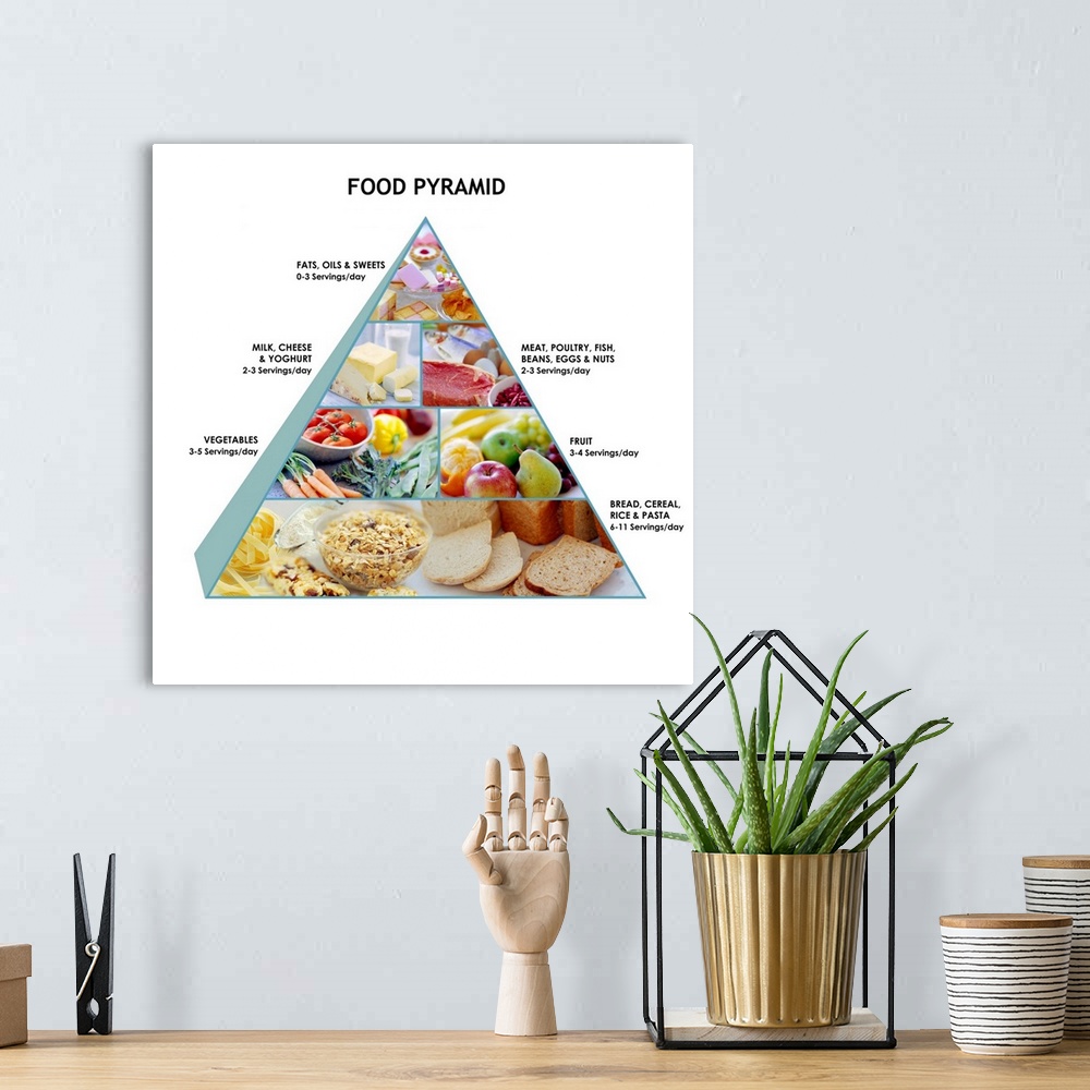 A bohemian room featuring Food pyramid showing the recommended proportions of food types for a healthy, balanced diet. The ...