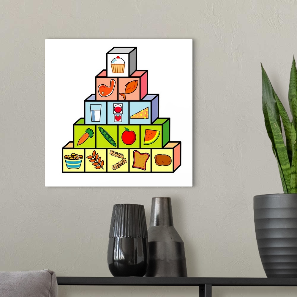A modern room featuring Food pyramid. Computer artwork of a food pyramid, showing a balanced diet. The pyramid shows what...