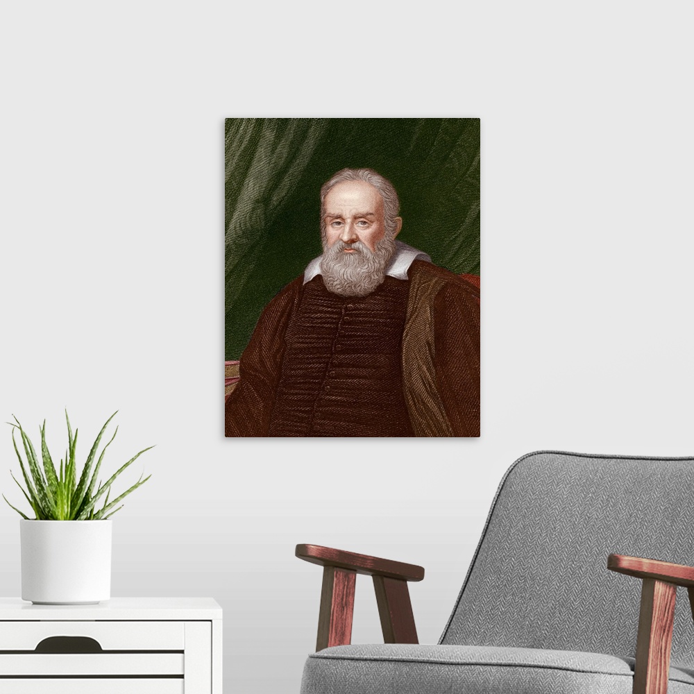 A modern room featuring Galileo Galilei. Historical portrait of the Italian astronomer and physicist Galileo Galilei (156...