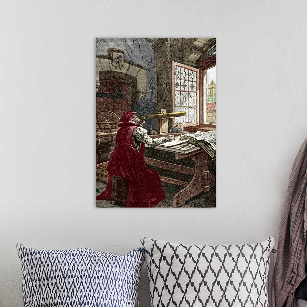 A bohemian room featuring Galileo using a telescope, historical artwork. The Italian astronomer and physicist Galileo Galil...