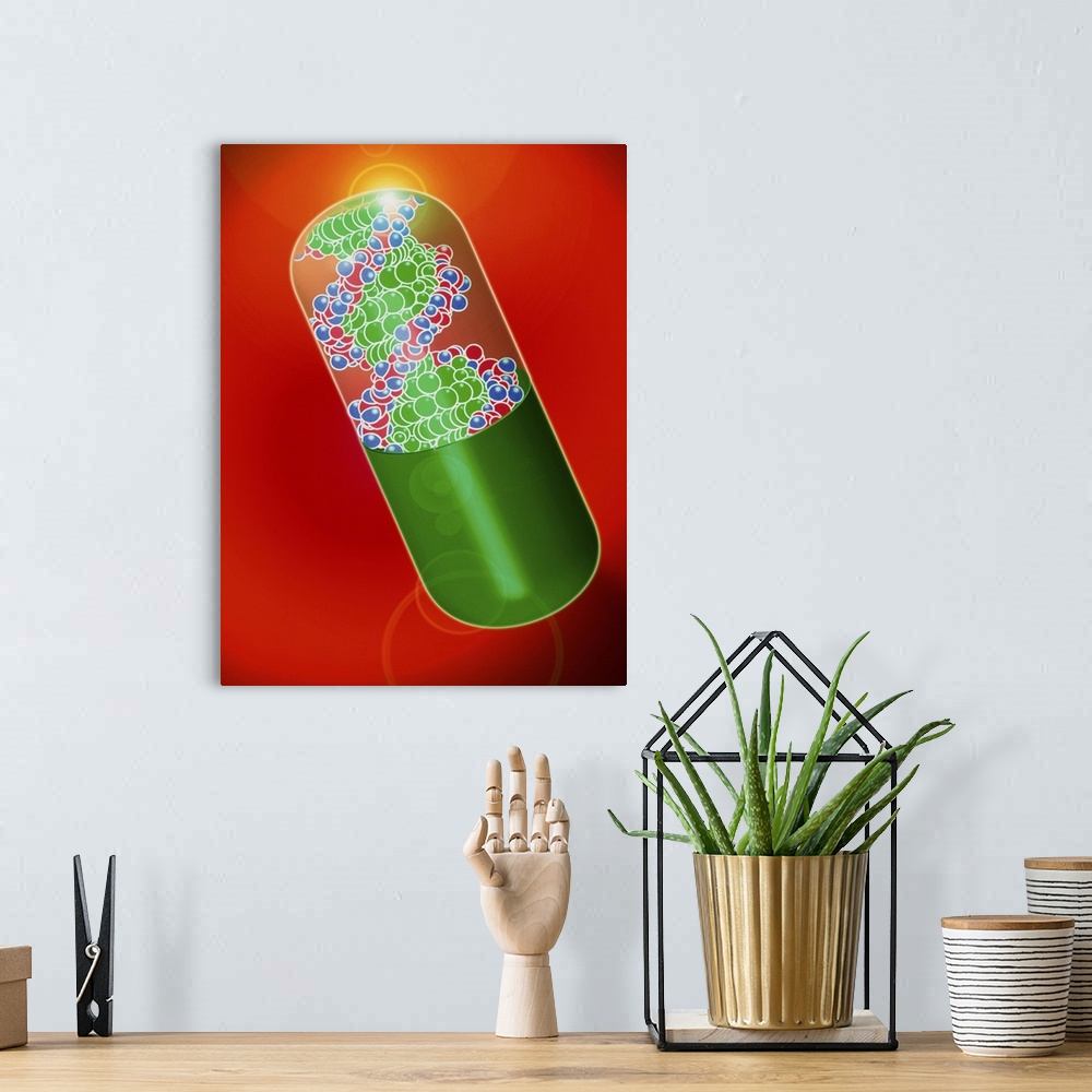 A bohemian room featuring Gene therapy. Abstract artwork of a drug capsule filled with DNA (deoxyribonucleic acid), to depi...