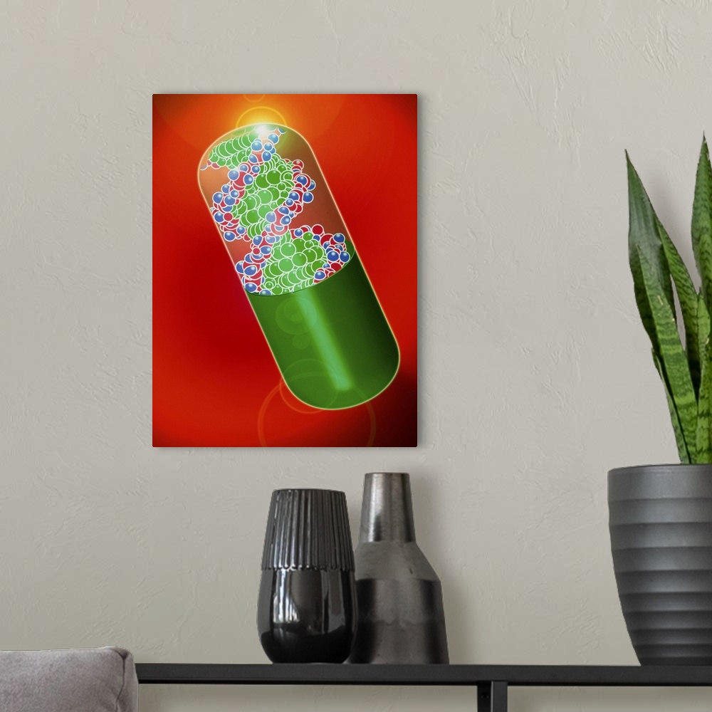 A modern room featuring Gene therapy. Abstract artwork of a drug capsule filled with DNA (deoxyribonucleic acid), to depi...