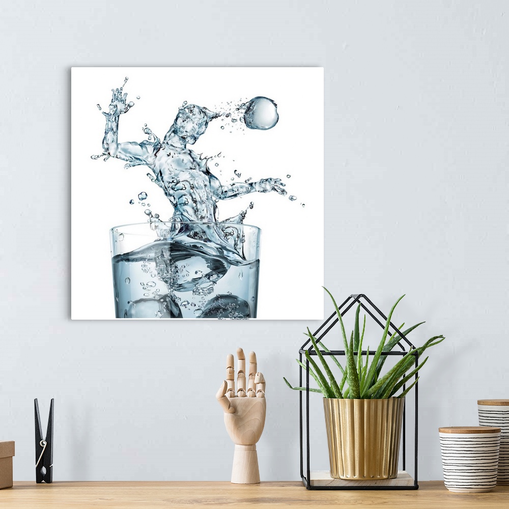 A bohemian room featuring Glass of water and splashes, computer illustration.