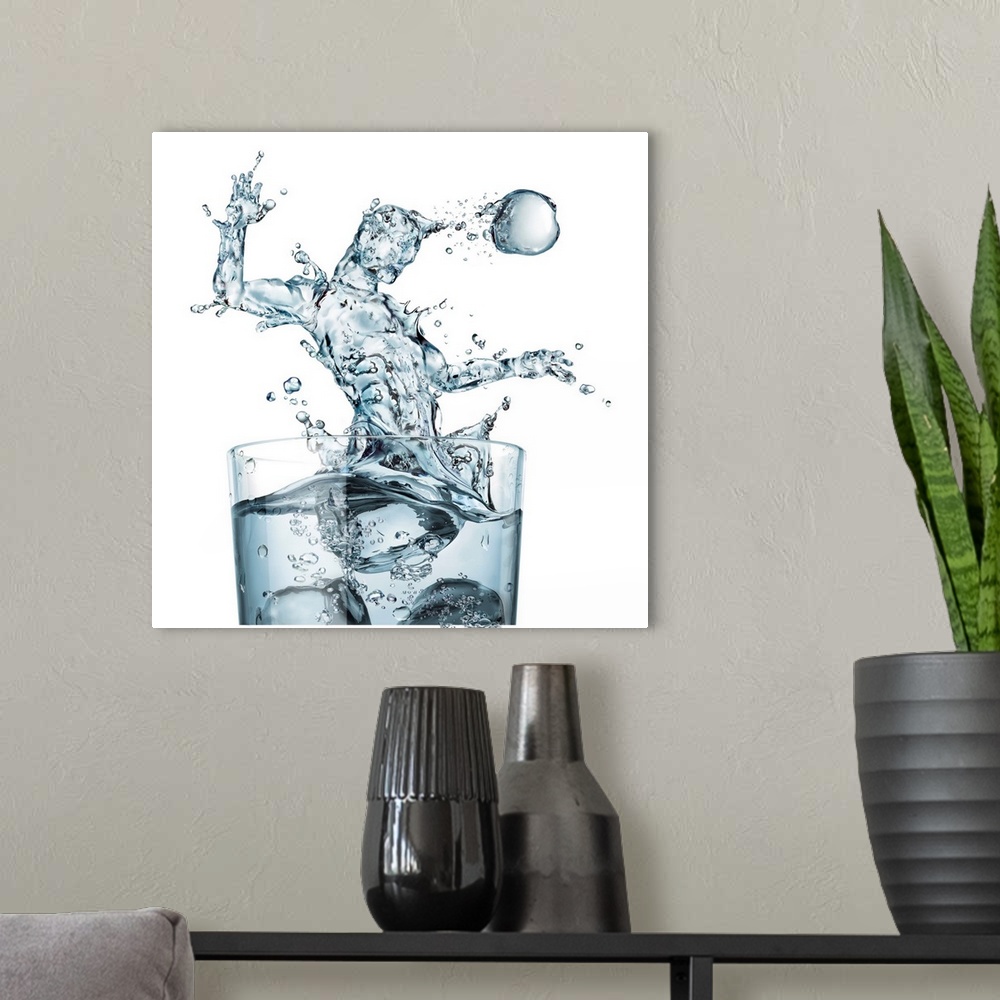 A modern room featuring Glass of water and splashes, computer illustration.