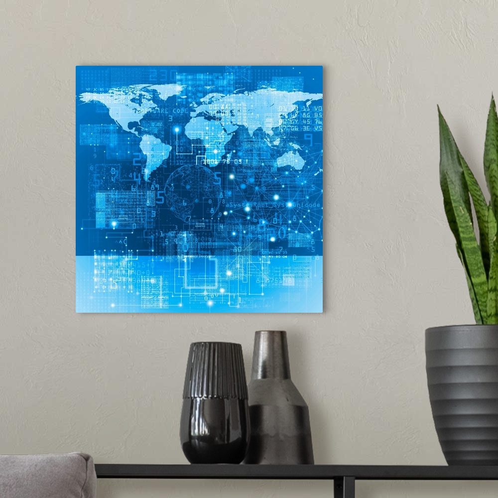 A modern room featuring Global data network, abstract illustration.