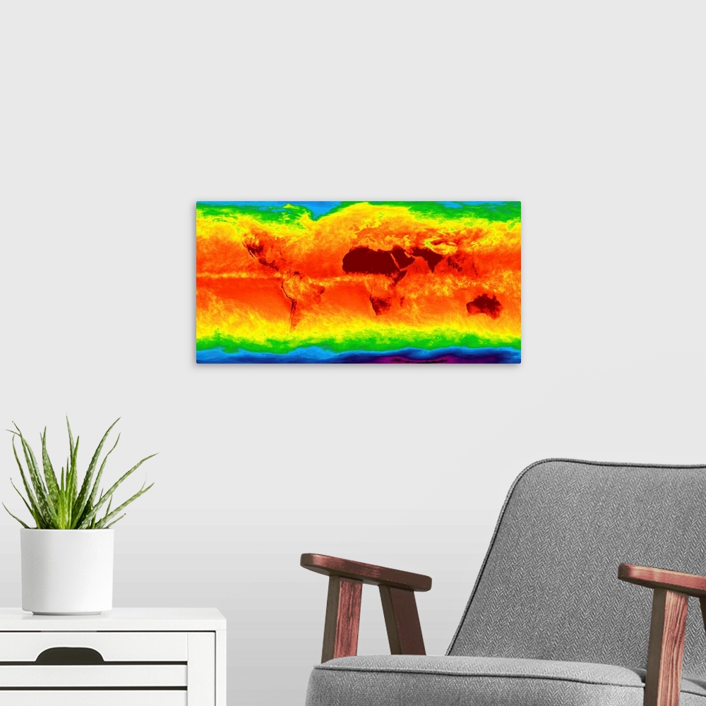 A modern room featuring Global temperatures, April 2003. Infrared satellite map of worldwide surface and cloud temperatur...