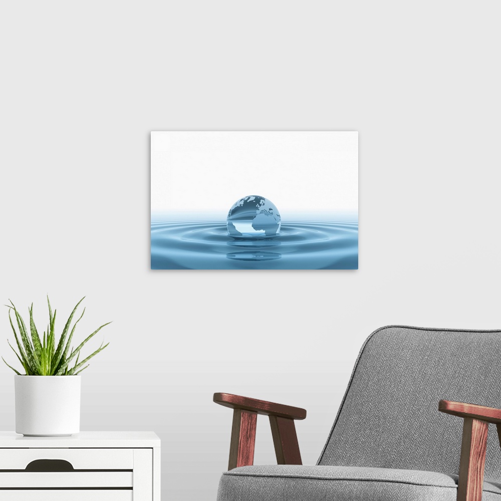 A modern room featuring Globe submerged in water, illustration.