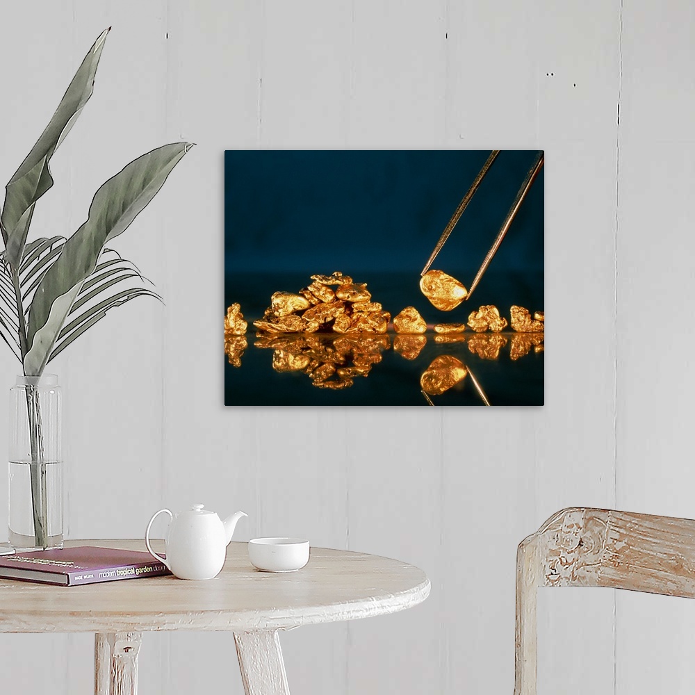A farmhouse room featuring Gold. Nuggets made of gold. Gold is the 79th element of the periodic table, and has a relative at...