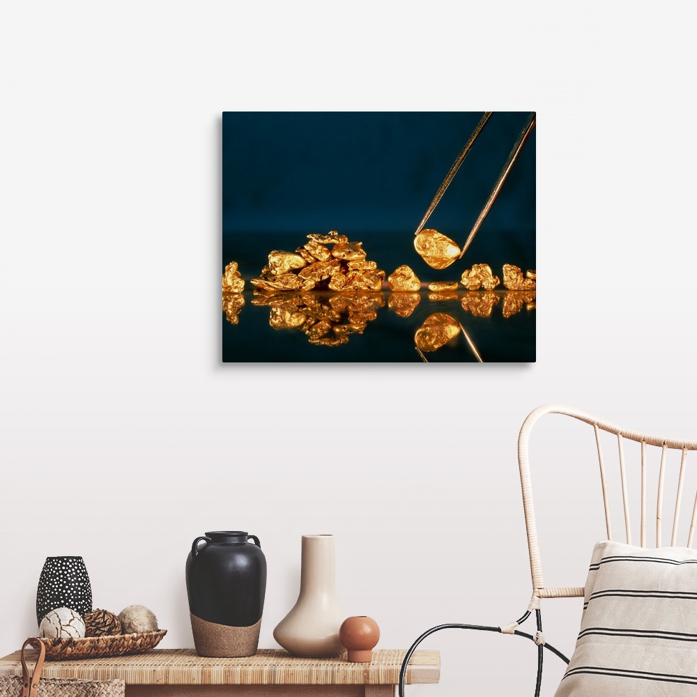 A farmhouse room featuring Gold. Nuggets made of gold. Gold is the 79th element of the periodic table, and has a relative at...