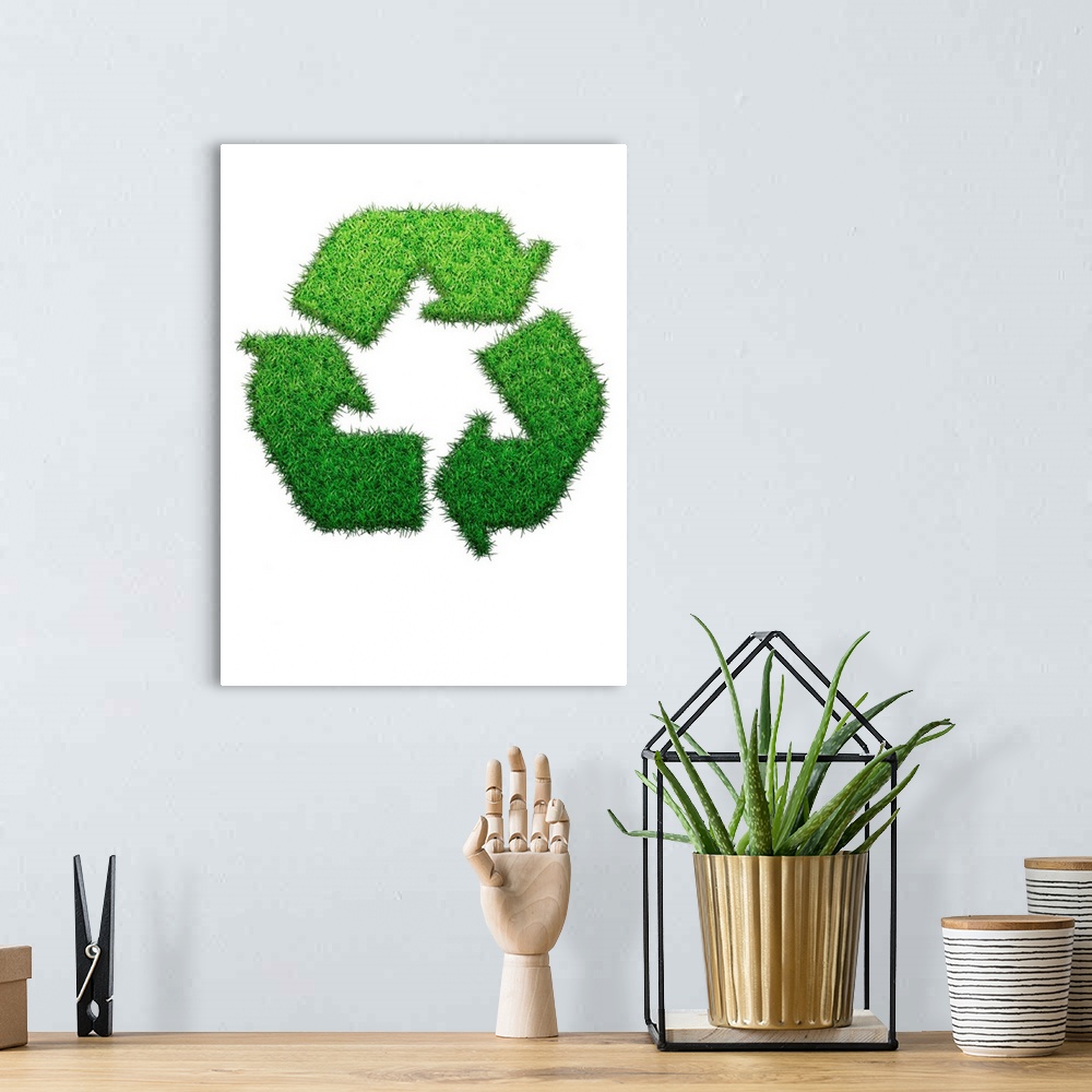 A bohemian room featuring Recycling logo made from grass, computer illustration.