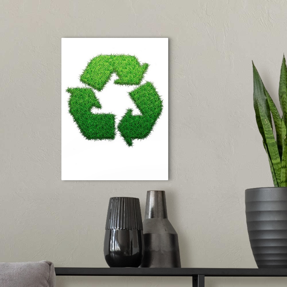 A modern room featuring Recycling logo made from grass, computer illustration.