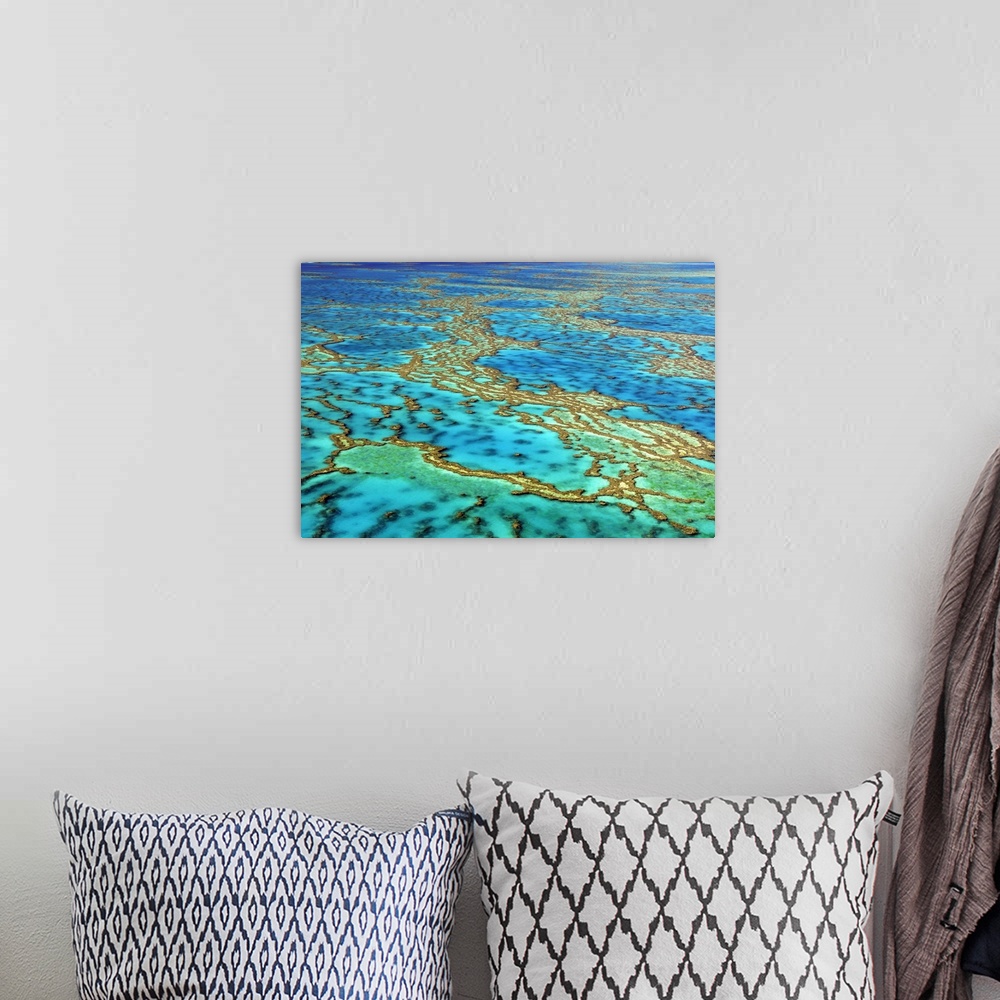 A bohemian room featuring Great Barrier Reef. Aerial view of the Great Barrier Reef, Australia. The Great Barrier Reef is t...