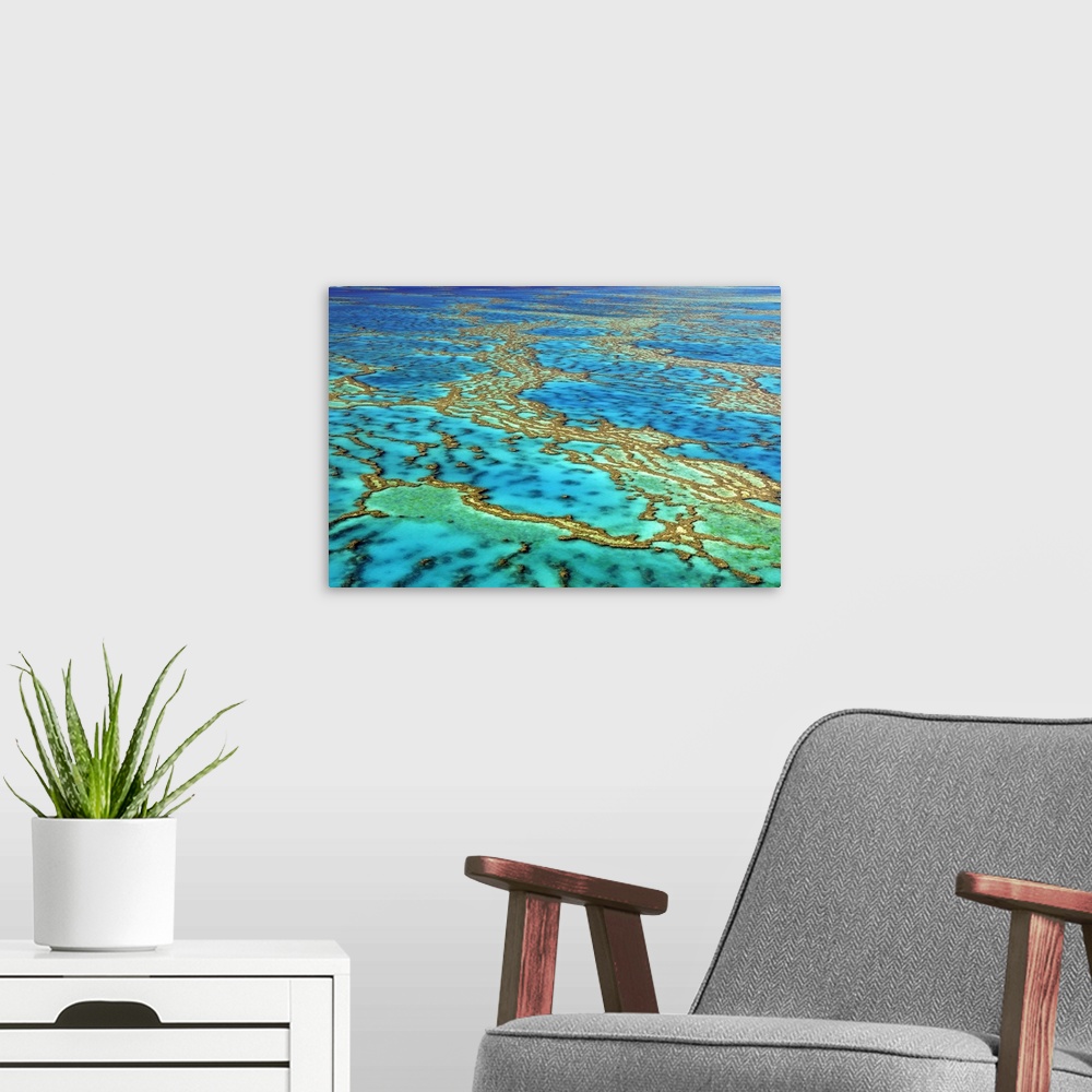 A modern room featuring Great Barrier Reef. Aerial view of the Great Barrier Reef, Australia. The Great Barrier Reef is t...