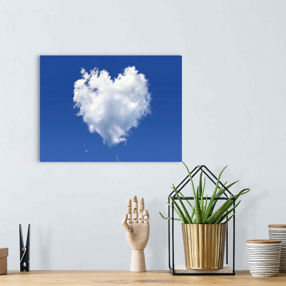 A bohemian room featuring Heart shaped cloud against a blue sky, computer artwork.