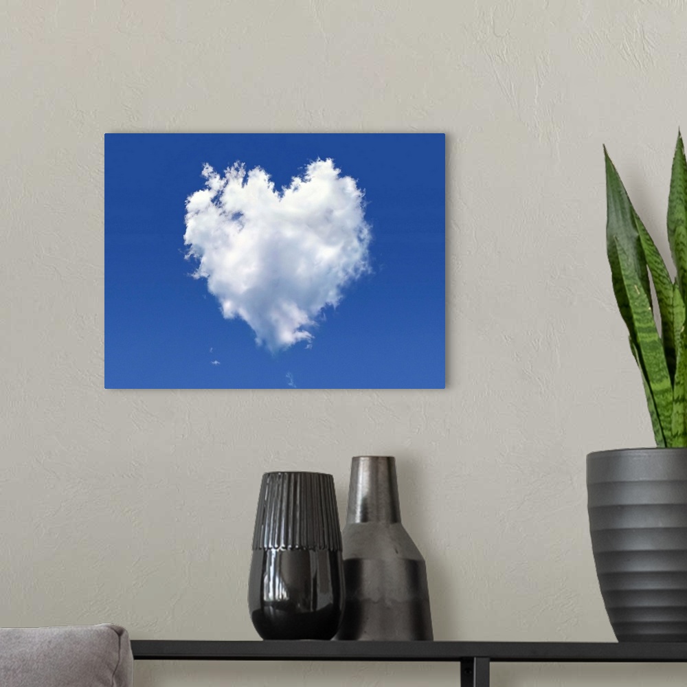 A modern room featuring Heart shaped cloud against a blue sky, computer artwork.
