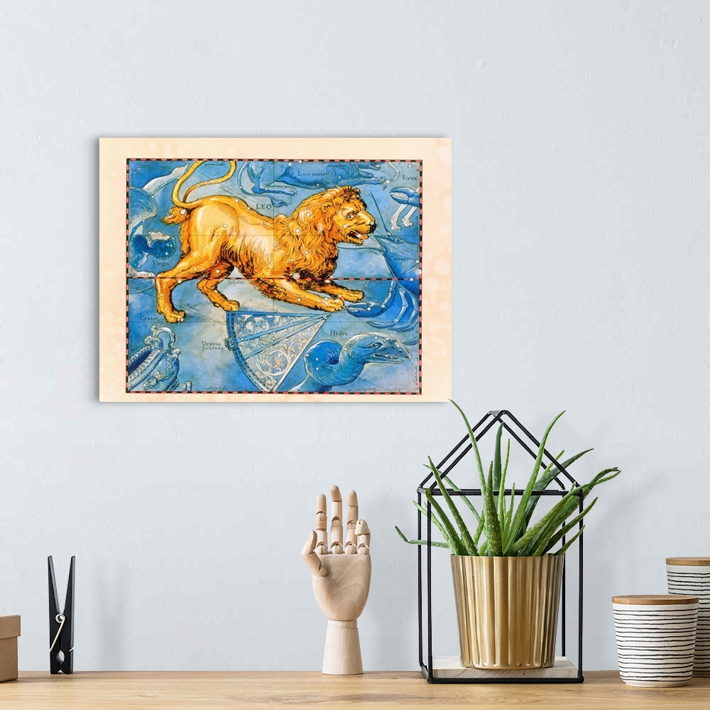 A bohemian room featuring Leo. Coloured historical artwork of the constellation of Leo. The constellation is depicted as a ...