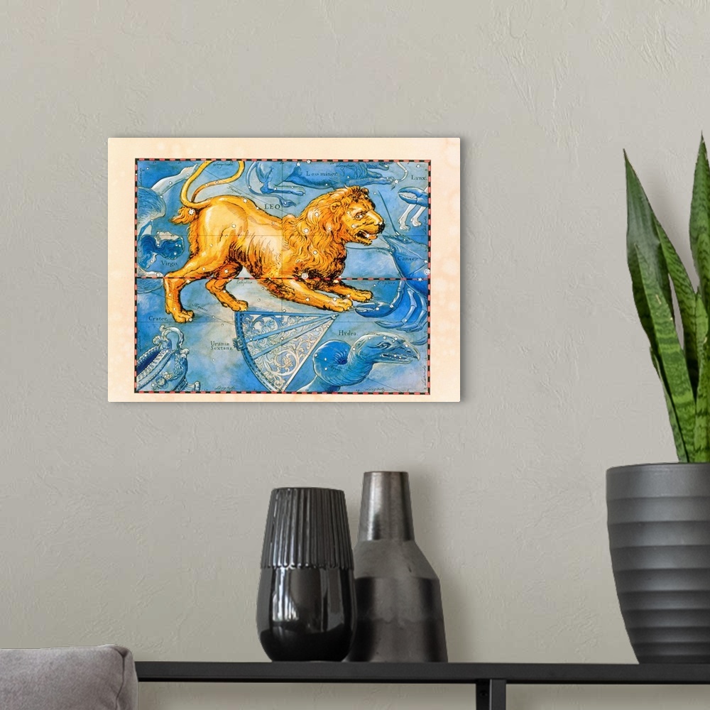 A modern room featuring Leo. Coloured historical artwork of the constellation of Leo. The constellation is depicted as a ...